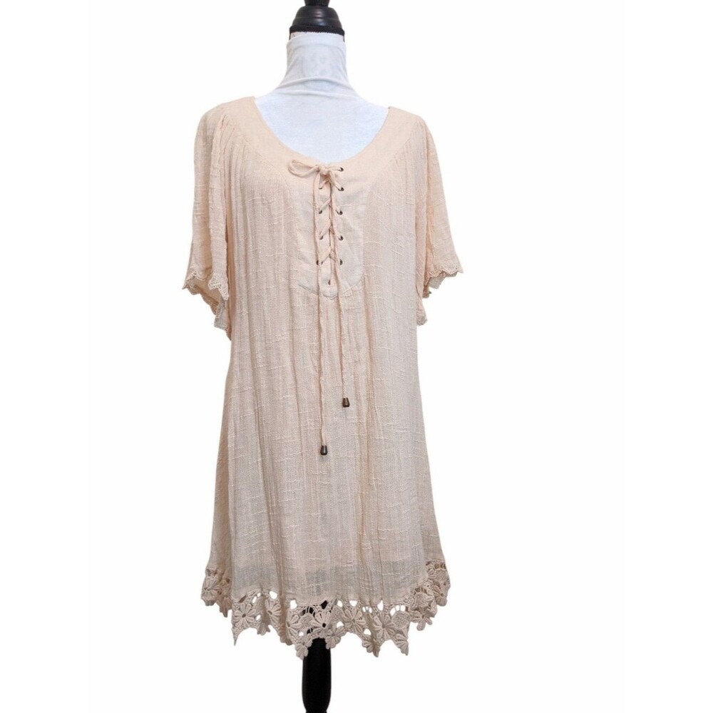 LOVE STITCH Boho Babydoll Dress Lace Up Wheat Off White Versatile Oversized Sz L